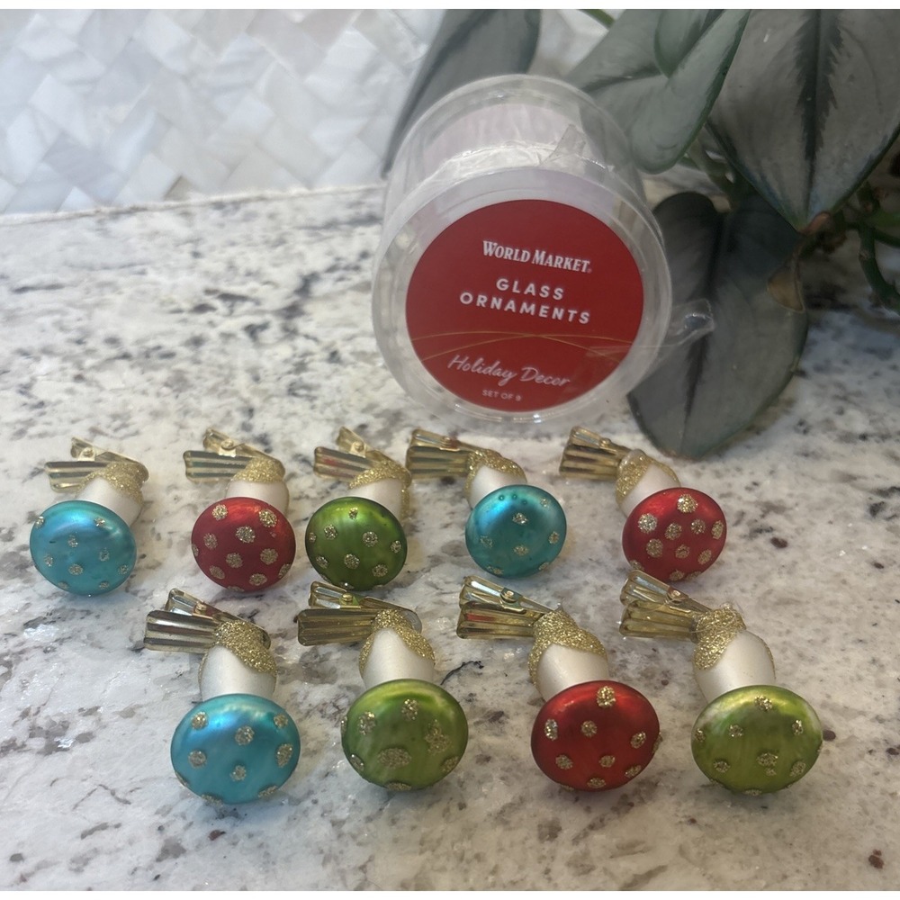 World Market Multicolor Glass Mushroom Clips Christmas Ornaments Set Of 9 Minis